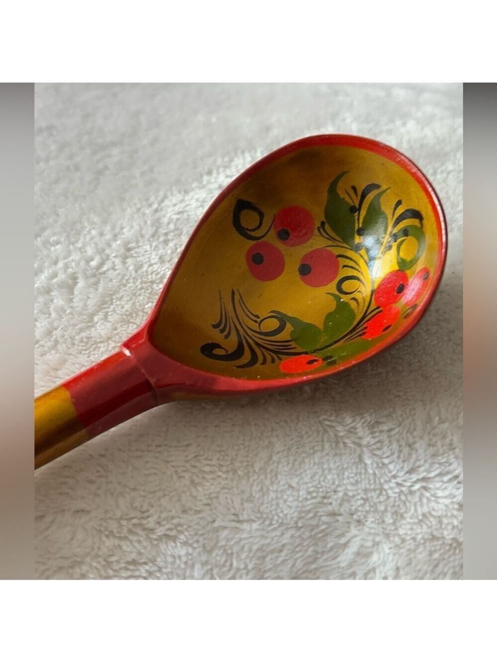 Vintage Khokhloma Russian Lacquer Wood Spoon • Hand-Painted Gold Folk Art • 7.5” - Picture 7 of 14